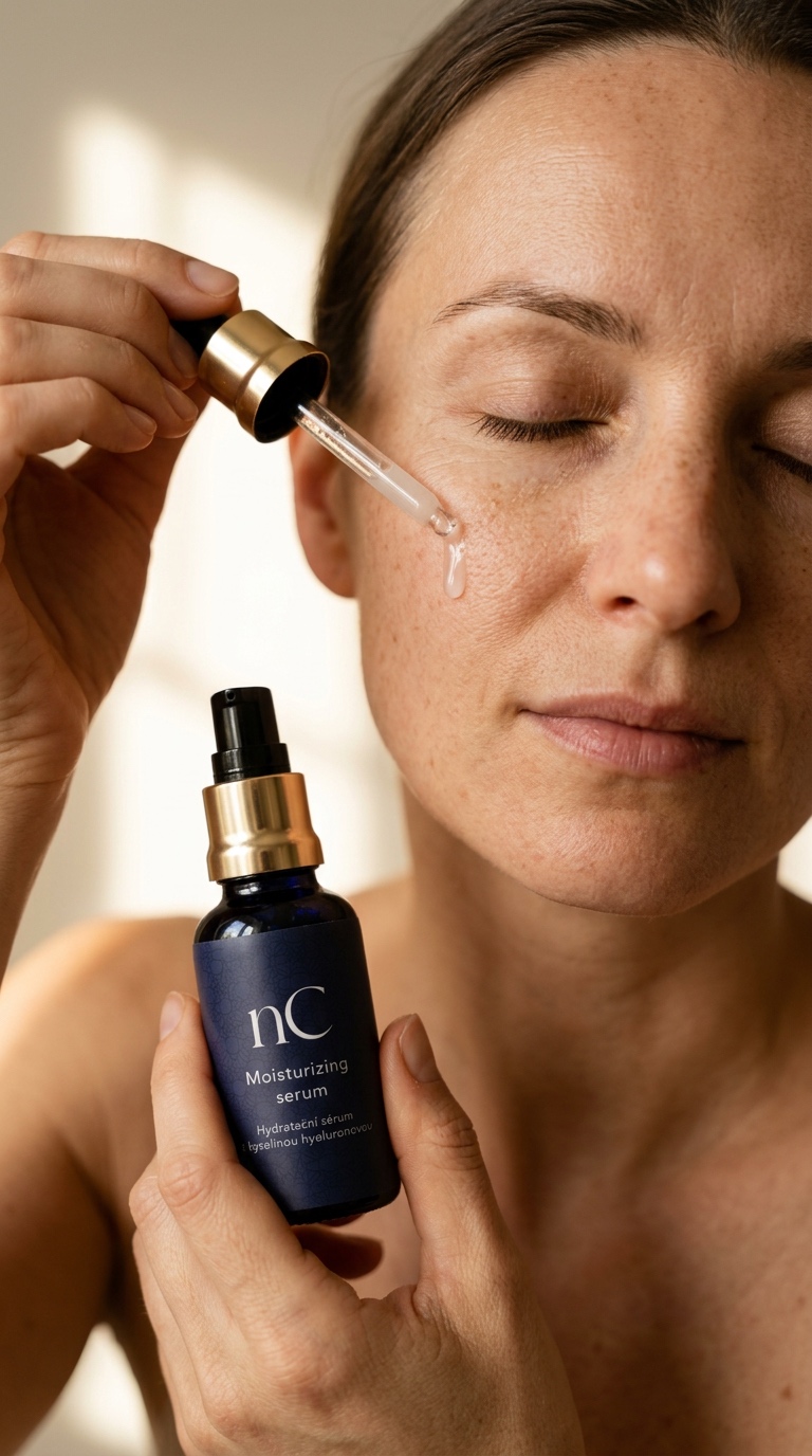 Žena nanáša pleťové sérum nanoSPACE Cosmetics na tvár